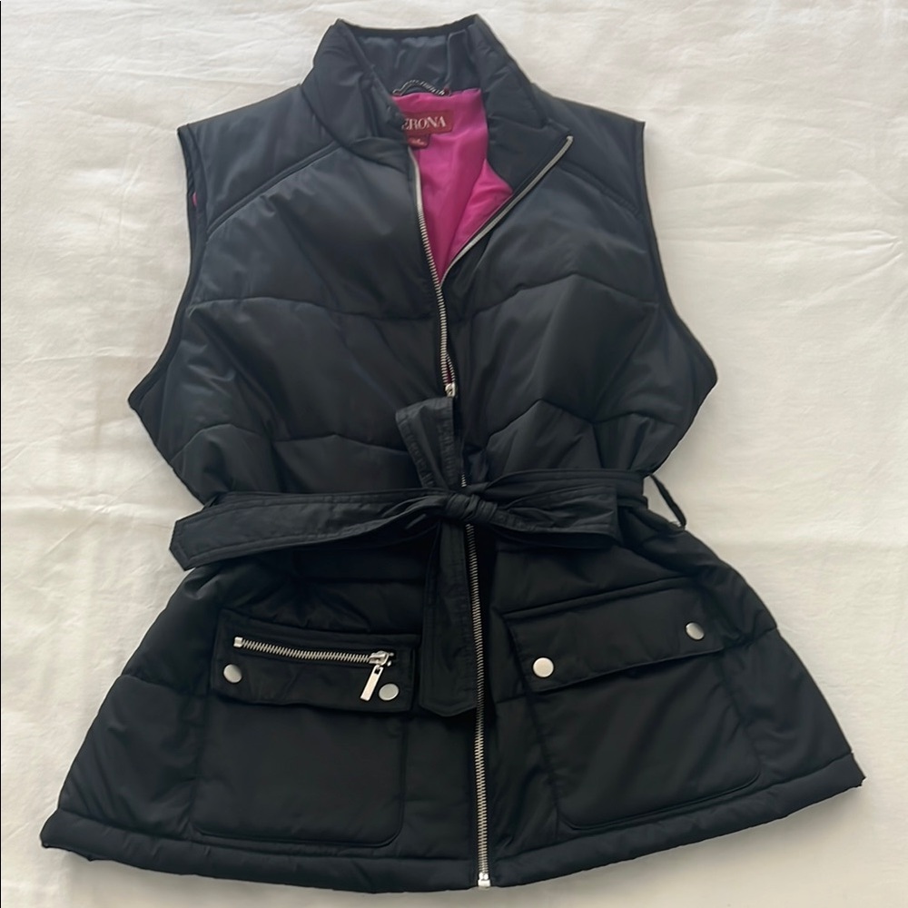 Merona Black Belted Quilted Vest with Pink Lining